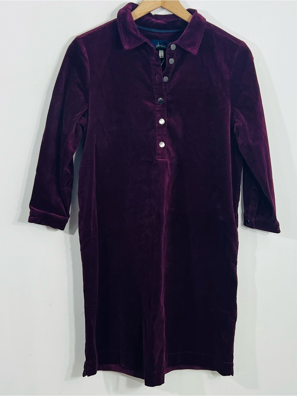 Joules Stella Pop Over Corduroy Velvety Plum Button Front Above Knee Dress NWT